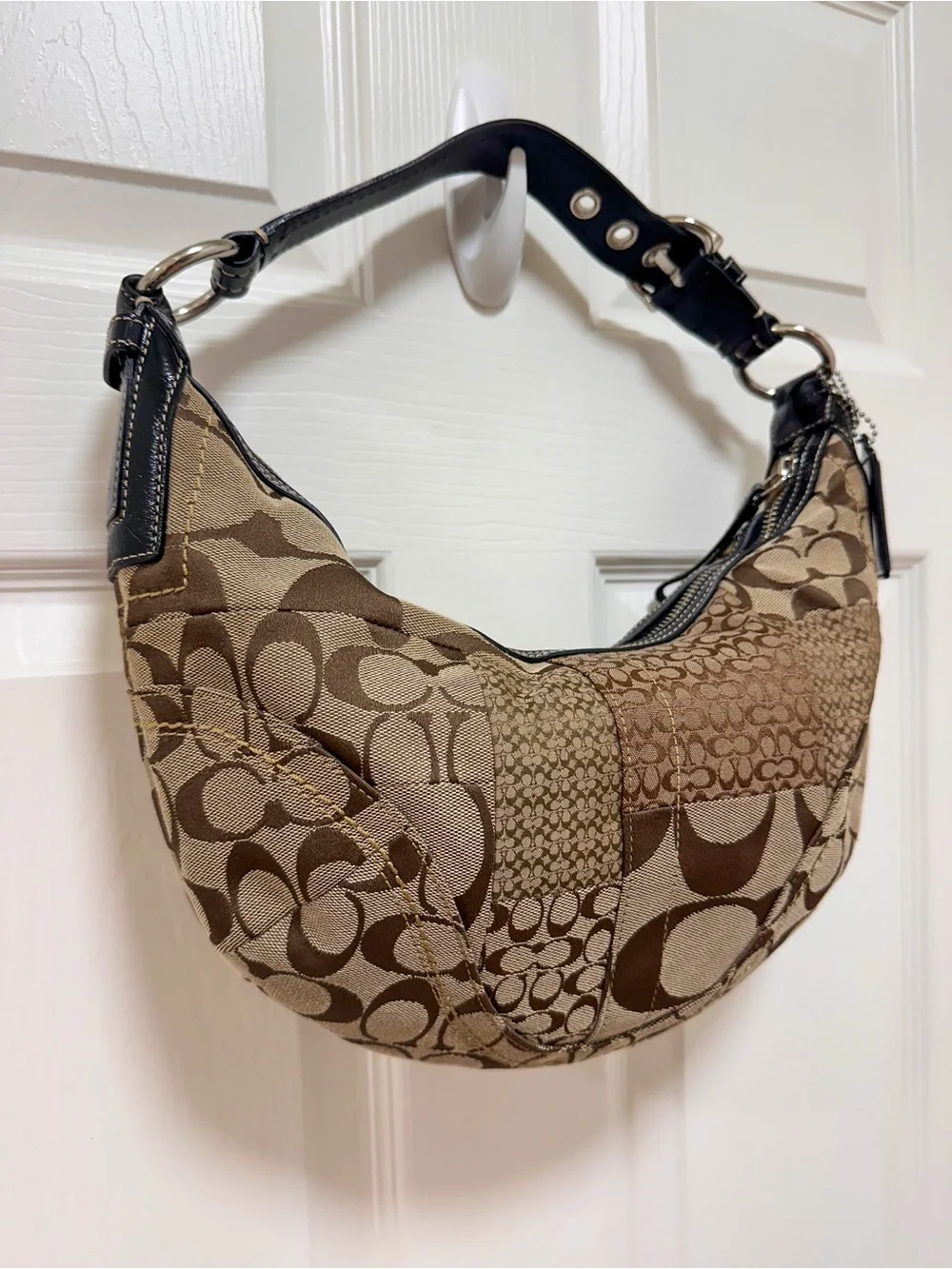 Coach Soho Crescent Hobo Bag Patchwork Black Patent Leather Y2K